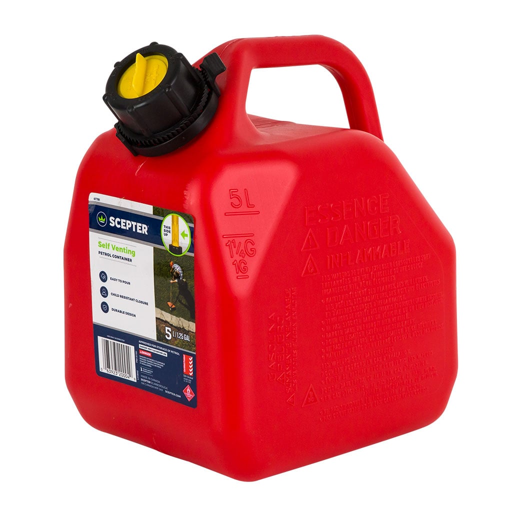 Scepter 5 Litre Red Plastic Squat Style Fuel Container – No Vent