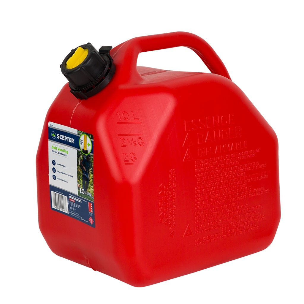 Scepter 10 Litre Red Plastic Squat Style Fuel Container – No Vent