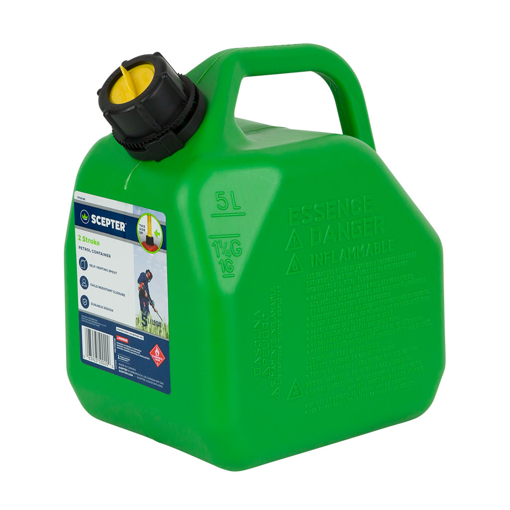 Scepter 5 Litre Green Plastic Squat Style 2-Stroke Fuel Container – No Vent